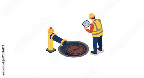 Construction worker inspecting sewer system with hydrant in isometric style