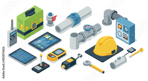 Industrial equipment and safety gear in isometric design