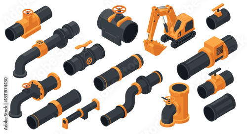 Industrial construction equipment and pipeline components in isometric style