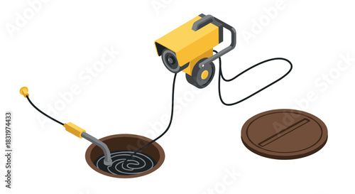 Isometric sewer inspection camera with open manhole and hose