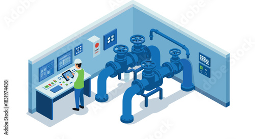 Industrial control room isometric design with engineer operating pipeline systems
