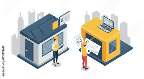 Isometric engineers analyzing architectural plans in a modern workspace