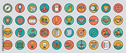 Motivation and wellness icon set. featuring meditation, trophy, handshake, health, growth, fitness, calendar, checklist. Vector collection