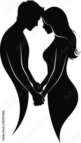 Couple silhouette holding hands, intimate connection, love symbol