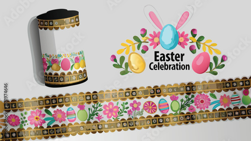 Festive easter celebration banner with decorative ribbon and painted eggs adorned with floral motifs and bunny ears symbolizing springtime joy and holiday spirit