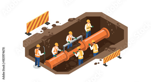 Isometric construction site with workers repairing underground pipeline