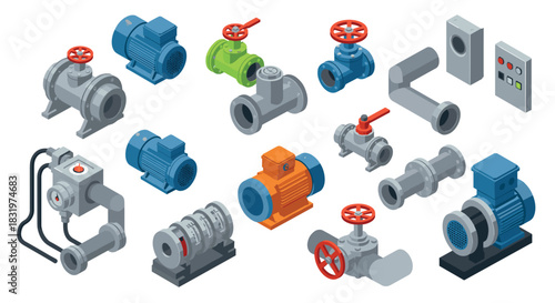 Isometric industrial pumps and valves collection with pipes and motors