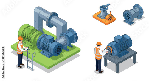 Industrial machinery workers analyzing pump and valve systems in isometric design