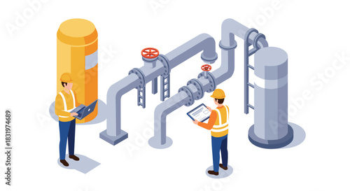 Isometric industrial engineers inspecting pipeline system with digital devices