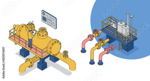 Industrial pipeline system with workers and machinery in isometric design