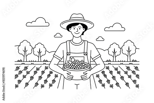 Illustration of a farmer holding a bowl of produce in a field scene
