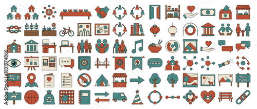 Community and celebration icon set. containing community, music, conversation, handshake, home, location, heart, tree, bicycle. Vector collection