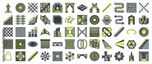 Geometric icon set. containing triangle, circle, square, pattern, abstract, symmetry, line, shape, design, art and more. Vector collection