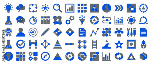 Innovation and teamwork icon set. containing ideas, collaboration, research, brainstorming, organization, teamwork, and more. Vector collection