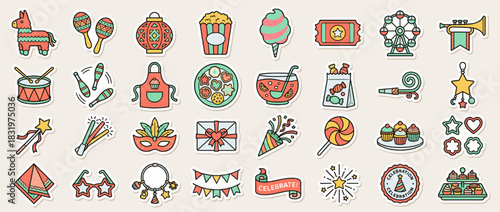 Festive celebration icon set. containing piñata, maracas, lantern, popcorn, candy, ticket, ferris wheel, trumpet. Vector collection