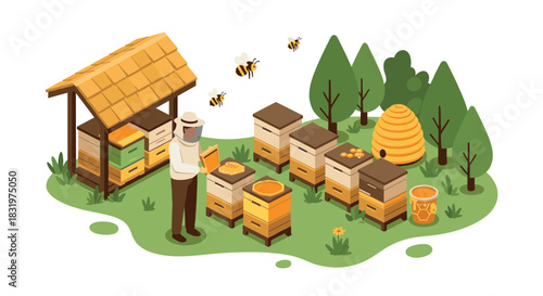 Isometric beekeeping scene with hives and beekeeper in nature
