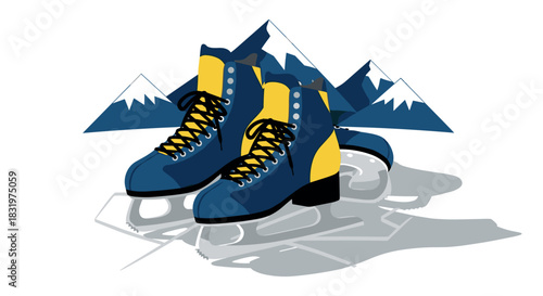 Colorful ice skates with mountain background in modern flat design