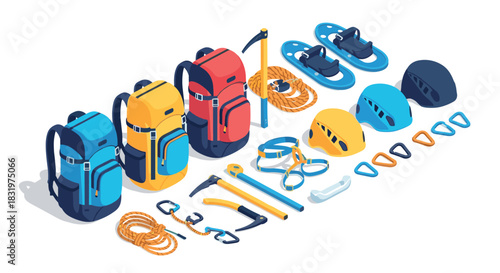 Isometric winter hiking gear set with backpacks, helmets, and snowshoes