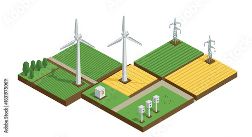Sustainable energy isometric landscape with wind turbines and farmland