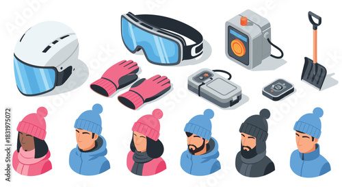 Winter sports gear and fashion in isometric style