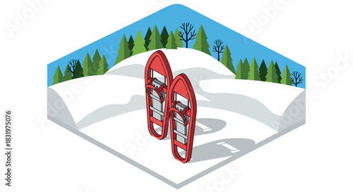 Isometric winter scene with red snowshoes on snowy landscape