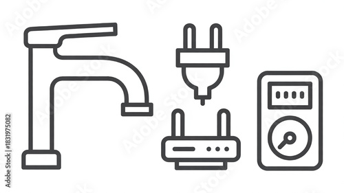 Plumbing and electricity line icons vector illustration of water tap electric plug and meter isolated on white background