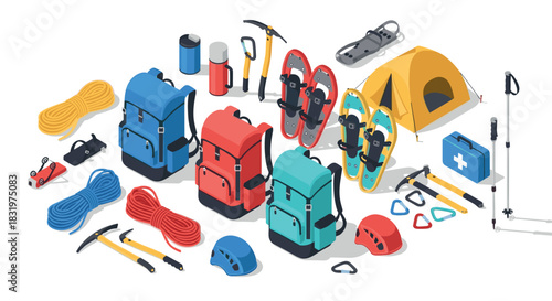 Essential camping gear and outdoor equipment in colorful isometric style