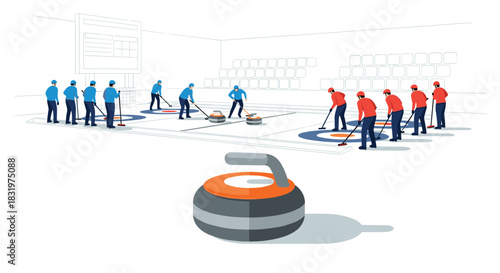 Curling match in modern indoor arena with illustrative flat design