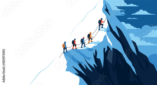 Climbers ascending a steep mountain path against dramatic sky in silhouette style