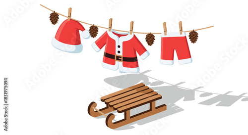 Festive santa clothing on clothesline with sleigh in isometric style
