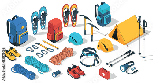 Essential mountaineering gear in isometric design for outdoor adventures