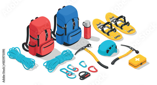 Essential isometric mountaineering gear with backpacks, ice axes, ropes, and snowshoes