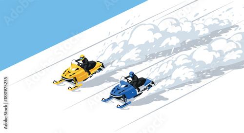 Snowmobiles racing on snowy slope with dynamic trails