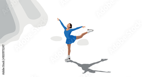 Elegant figure skater in blue dress performing graceful pose on ice
