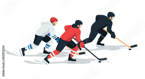 Ice hockey players in action on the rink in dynamic flat design