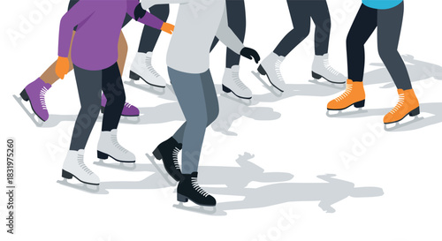 Isometric ice skating scene with colorful outfits and shadows