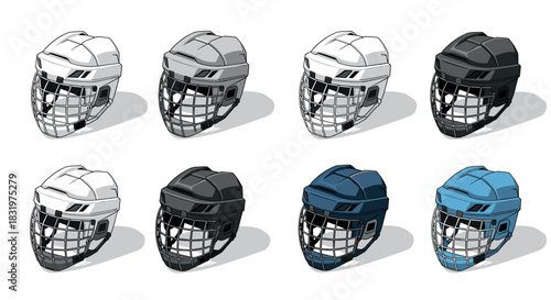 Stylish collection of flat hockey helmets in various colors and designs