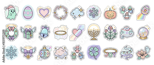 Holiday and celebration icons set. including ghost, egg, heart, cloud, leaf, pumpkin, bell, rainbow, clover, and more. Vector collection