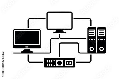 Illustration of two computers connected to servers and a network switch