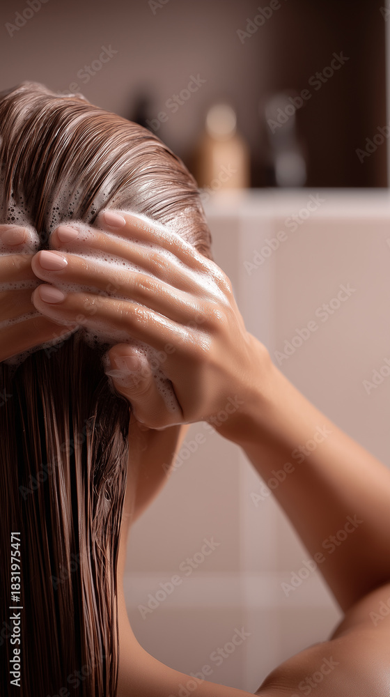 Naklejka premium Woman massaging nourishing hair mask into wet scalp and strands with foam bubbles. Home haircare treatment routine for deep conditioning, repair and scalp health in bathroom setting.