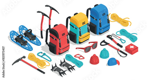 Outdoor adventure gear isometric design with backpacks and climbing tools
