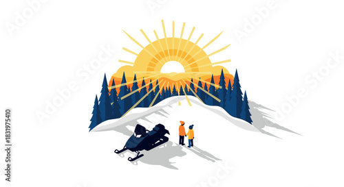 Winter adventure at sunrise in the mountains with snowmobile and people