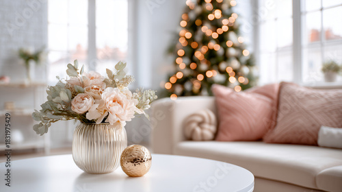 Christmas home interior with elegant flower arrangement in textured vase and golden ornament on white table. Blurred decorated tree with bokeh lights and pink sofa create cozy festive atmosphere.