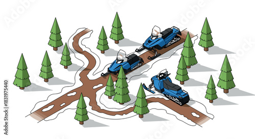 Isometric winter landscape with snowmobiles and pine trees in snowy forest