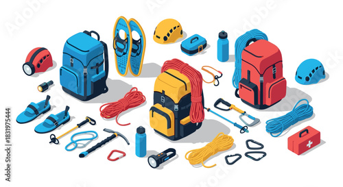 Isometric mountaineering gear set with backpacks and safety equipment in vibrant colors