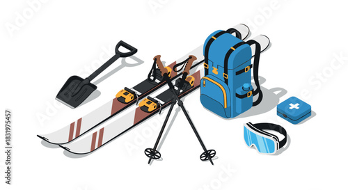Essential isometric winter sports gear featuring skis and backpack