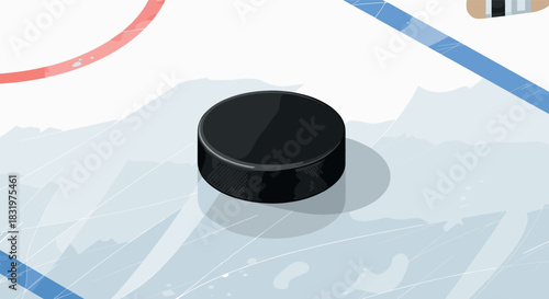 Realistic ice hockey puck on rink with reflections and shadows