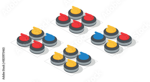 Isometric curling stones in red, yellow, and blue on white background