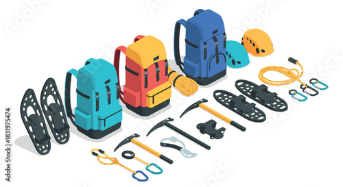 Outdoor adventure equipment in isometric style with backpacks, climbing gear, and snowshoes