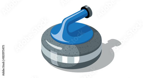 Isometric curling stone with blue handle on white background